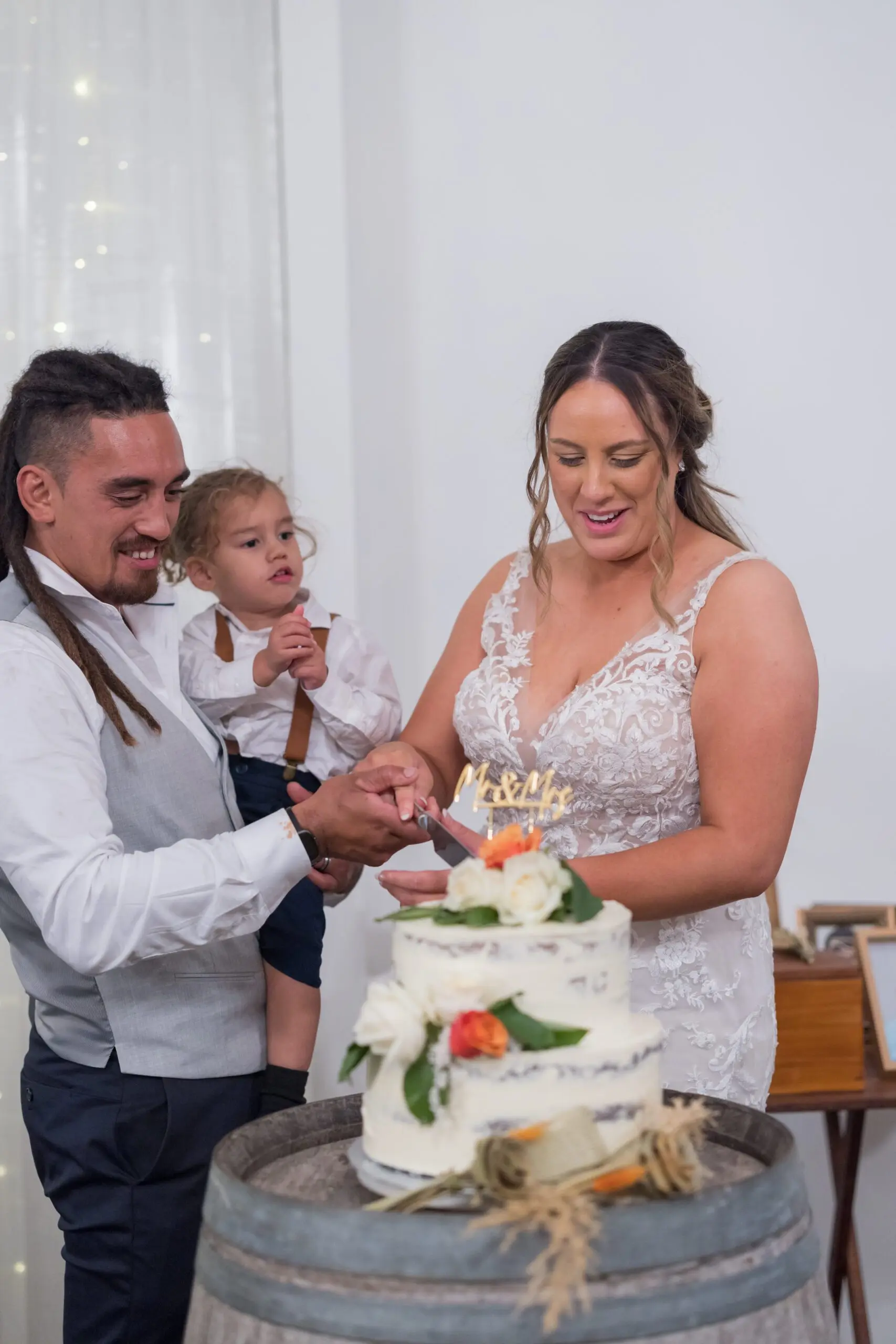 Bride and groom portrait at golden hour in Wellington